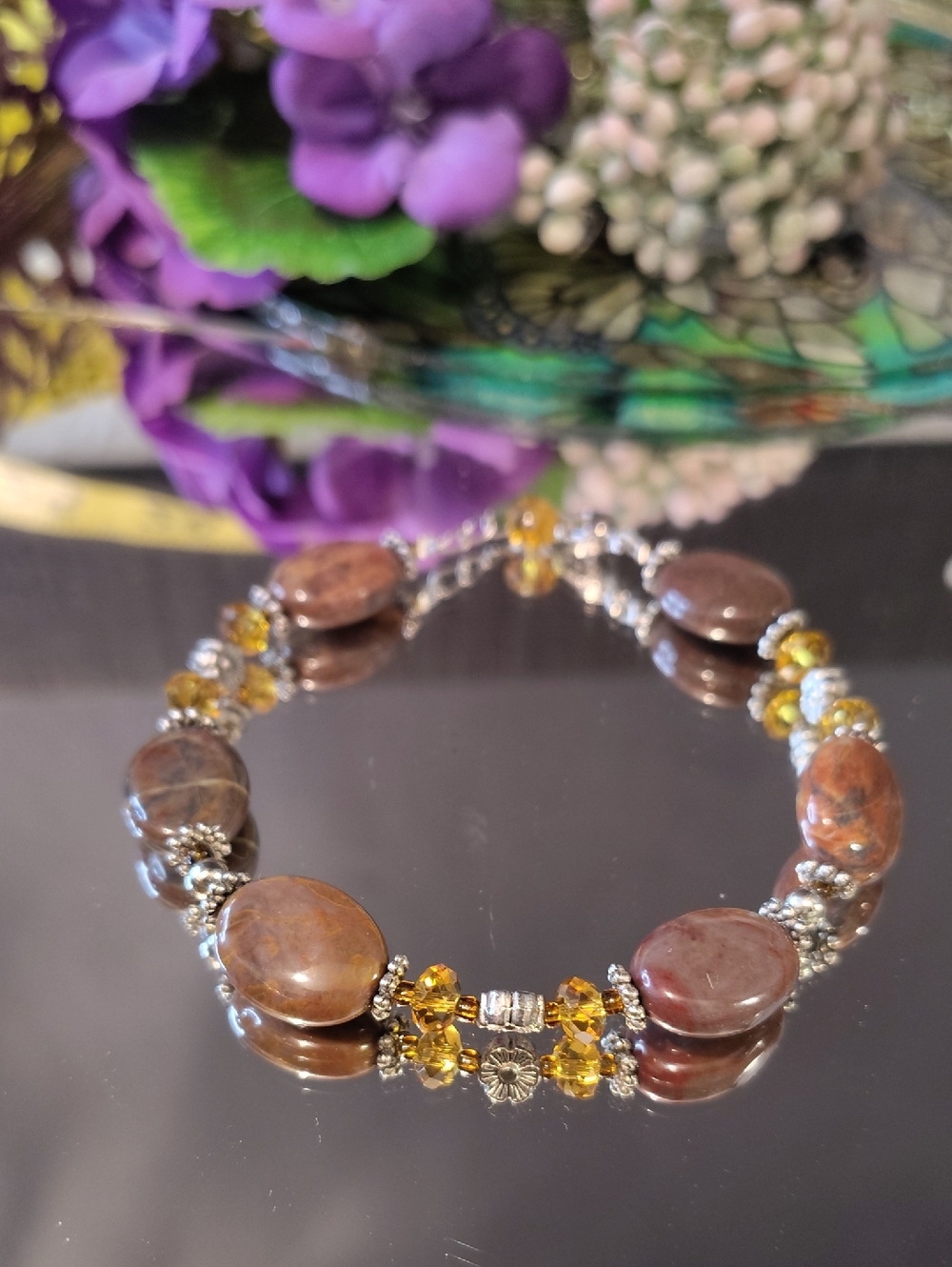 Agate Gemstone Bracelet With Amber Colored Glass Beads